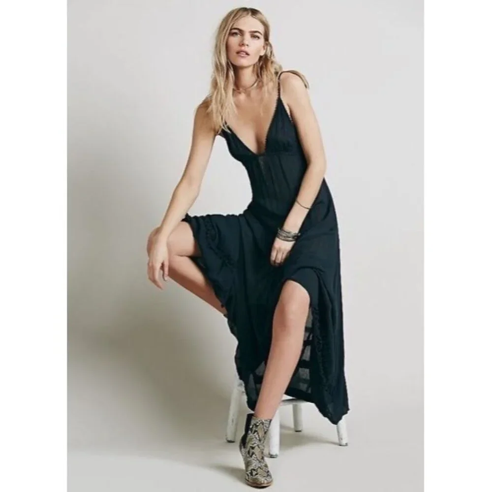 RARE Vtg NWT Free People Gray Lace Crochet Maxi Slip Dress | Whimsigoth Boho M - Picture 1 of 16
